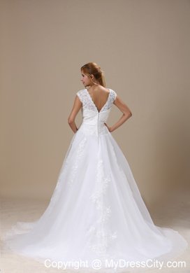 Princess Short Sleeves and Lace Bodice Wedding Dress with Bowknot Belt