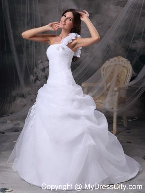 One Shoulder Floor-length Flowers and Ruche Bridal Dress with Pick-ups