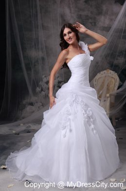 One Shoulder Floor-length Flowers and Ruche Bridal Dress with Pick-ups