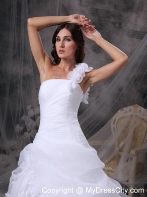 One Shoulder Floor-length Flowers and Ruche Bridal Dress with Pick-ups