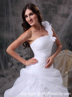 One Shoulder Floor-length Flowers and Ruche Bridal Dress with Pick-ups