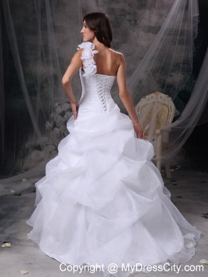 One Shoulder Floor-length Flowers and Ruche Bridal Dress with Pick-ups