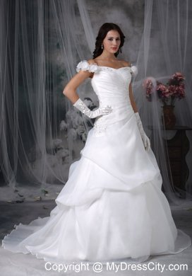 Off The Shoulder Sweep Train Pick-ups Bridal Gown with Beading and Flowers