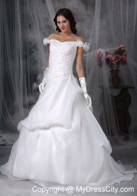 Off The Shoulder Sweep Train Pick-ups Bridal Gown with Beading and Flowers