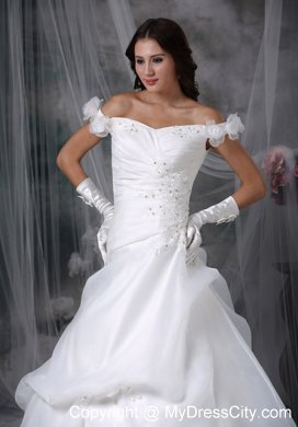 Off The Shoulder Sweep Train Pick-ups Bridal Gown with Beading and Flowers