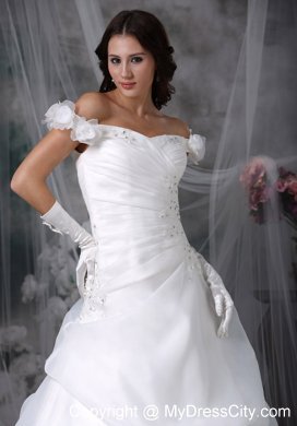 Off The Shoulder Sweep Train Pick-ups Bridal Gown with Beading and Flowers