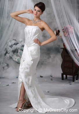 Mermaid Strapless Court Train Satin Beading Wedding Dress with High Slit