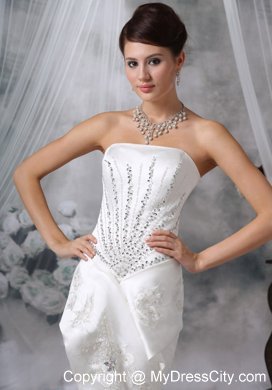 Mermaid Strapless Court Train Satin Beading Wedding Dress with High Slit