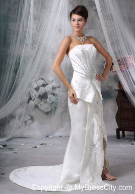 Mermaid Strapless Court Train Satin Beading Wedding Dress with High Slit