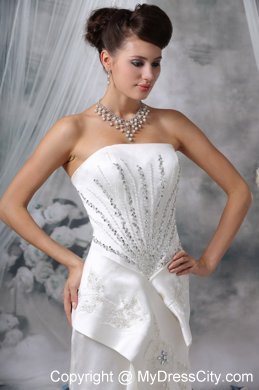 Mermaid Strapless Court Train Satin Beading Wedding Dress with High Slit