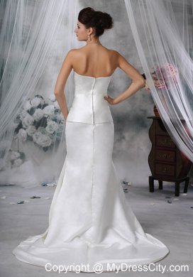 Mermaid Strapless Court Train Satin Beading Wedding Dress with High Slit