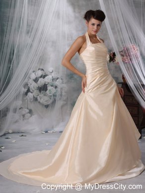 Champagne A-Line Halter Court Train Taffeta Ruched Wedding Dress 2013