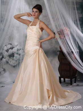 Champagne A-Line Halter Court Train Taffeta Ruched Wedding Dress 2013