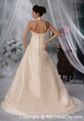 Champagne A-Line Halter Court Train Taffeta Ruched Wedding Dress 2013