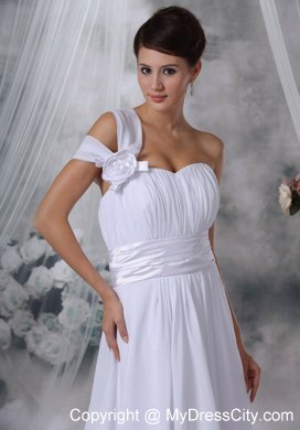 Column Asymmetrical Neckline Court Train Ruched Wedding Dress with Belt