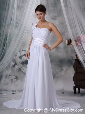 Column Asymmetrical Neckline Court Train Ruched Wedding Dress with Belt