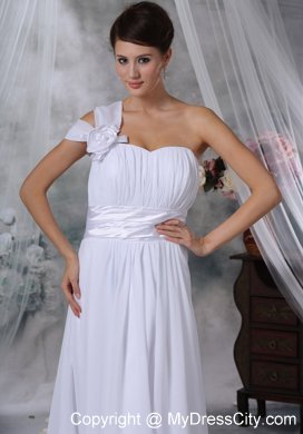 Column Asymmetrical Neckline Court Train Ruched Wedding Dress with Belt