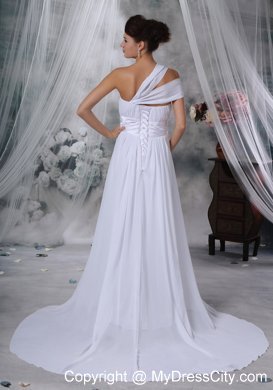 Column Asymmetrical Neckline Court Train Ruched Wedding Dress with Belt