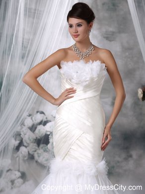 Mermaid Court Train Satin and Organza Flowers Wedding Dress with Ruffles