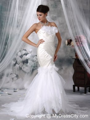 Mermaid Court Train Satin and Organza Flowers Wedding Dress with Ruffles