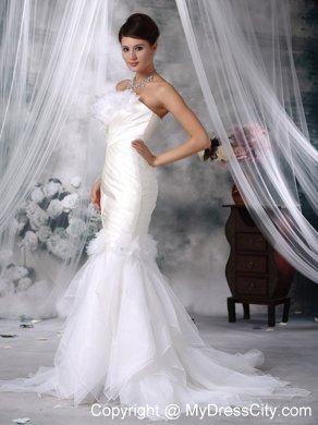 Mermaid Court Train Satin and Organza Flowers Wedding Dress with Ruffles