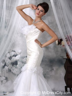 Mermaid Court Train Satin and Organza Flowers Wedding Dress with Ruffles