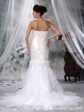 Mermaid Court Train Satin and Organza Flowers Wedding Dress with Ruffles