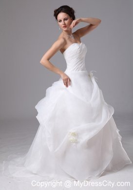 Brush Train Organza Wedding Dress with Pick-ups and Hand Made Flowers