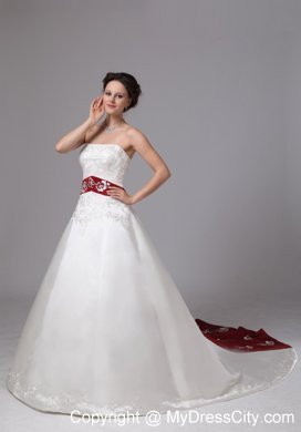 Strapless White Embroidery Chapel Train Wedding Dress with Wine Red Belt