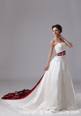 Strapless White Embroidery Chapel Train Wedding Dress with Wine Red Belt