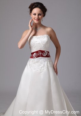 Strapless White Embroidery Chapel Train Wedding Dress with Wine Red Belt