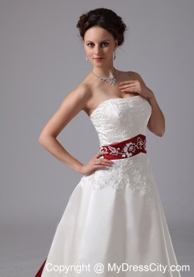 Strapless White Embroidery Chapel Train Wedding Dress with Wine Red Belt