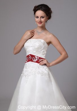 Strapless White Embroidery Chapel Train Wedding Dress with Wine Red Belt