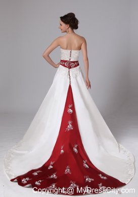 Strapless White Embroidery Chapel Train Wedding Dress with Wine Red Belt