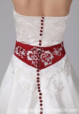 Strapless White Embroidery Chapel Train Wedding Dress with Wine Red Belt