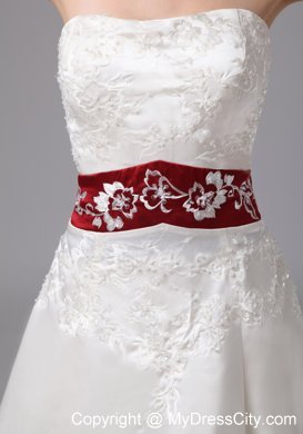 Strapless White Embroidery Chapel Train Wedding Dress with Wine Red Belt