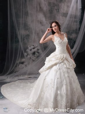 Cathedral Train V-neck Lace Wedding Dress with Flowers and Pick-ups