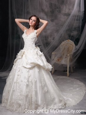 Cathedral Train V-neck Lace Wedding Dress with Flowers and Pick-ups