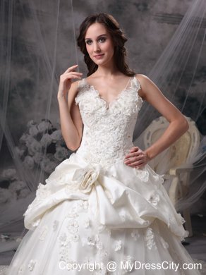 Cathedral Train V-neck Lace Wedding Dress with Flowers and Pick-ups