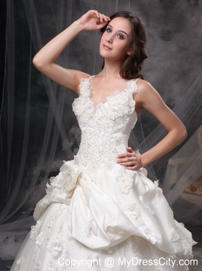 Cathedral Train V-neck Lace Wedding Dress with Flowers and Pick-ups