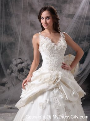 Cathedral Train V-neck Lace Wedding Dress with Flowers and Pick-ups