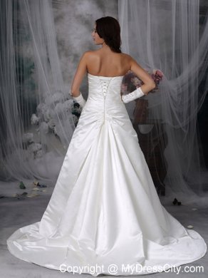 Strapless Court Train Ruching Taffeta Bridal Gown with Appliques and Beading