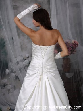 Strapless Court Train Ruching Taffeta Bridal Gown with Appliques and Beading