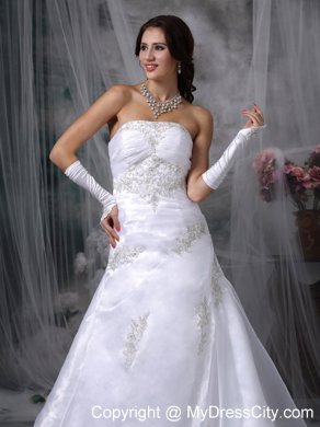 A-line Court Train Organza Appliques Wedding Dresses with Lace Up Back