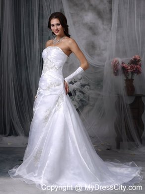 A-line Court Train Organza Appliques Wedding Dresses with Lace Up Back