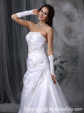 A-line Court Train Organza Appliques Wedding Dresses with Lace Up Back