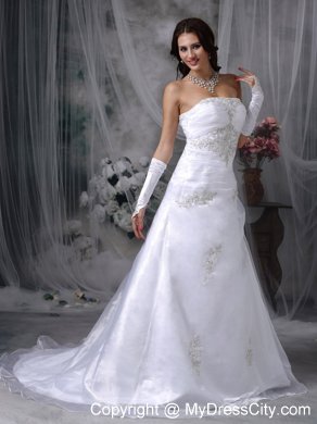 A-line Court Train Organza Appliques Wedding Dresses with Lace Up Back