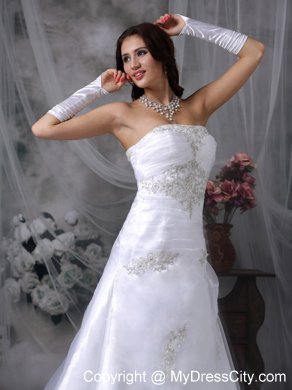 A-line Court Train Organza Appliques Wedding Dresses with Lace Up Back