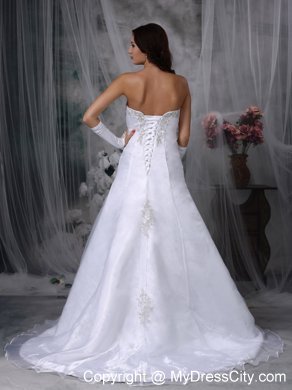 A-line Court Train Organza Appliques Wedding Dresses with Lace Up Back