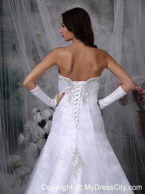 A-line Court Train Organza Appliques Wedding Dresses with Lace Up Back